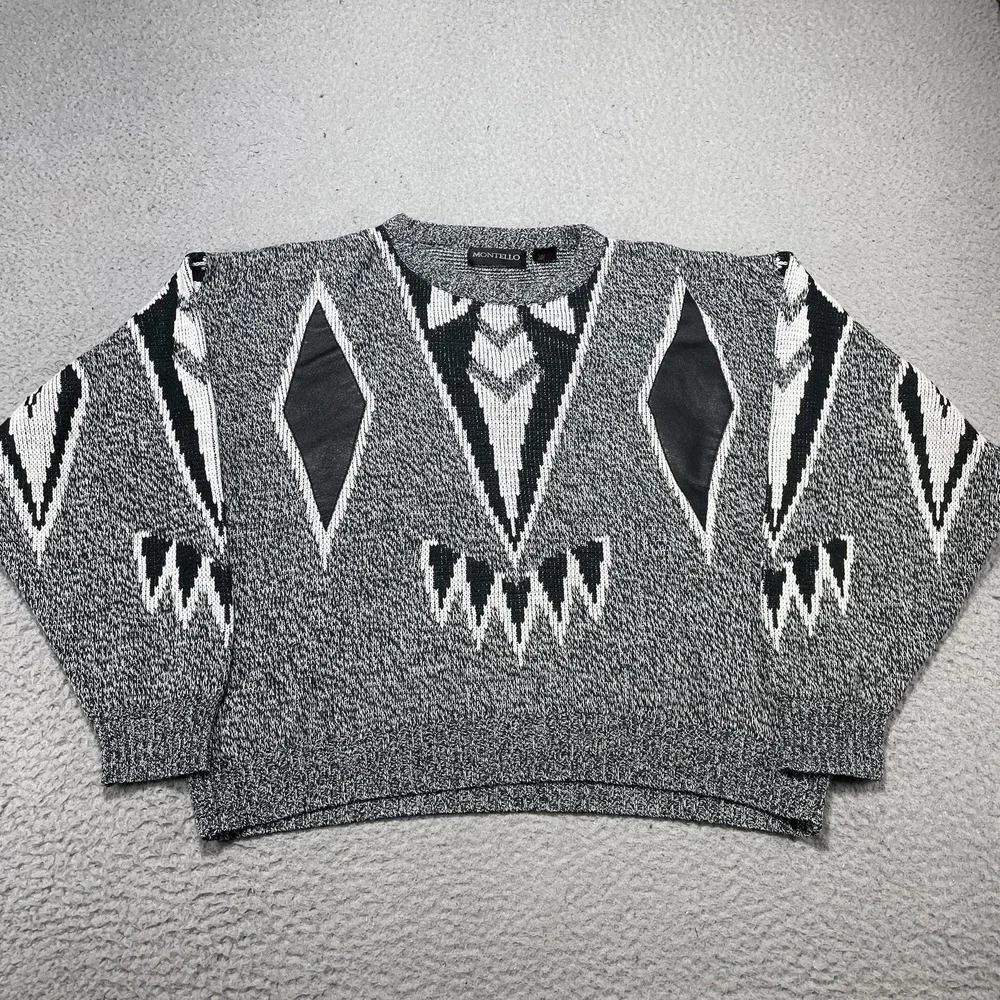 Vintage Montello Sweater Mens Medium Gray Aztec Geometric Knit Leather Crewneck‎